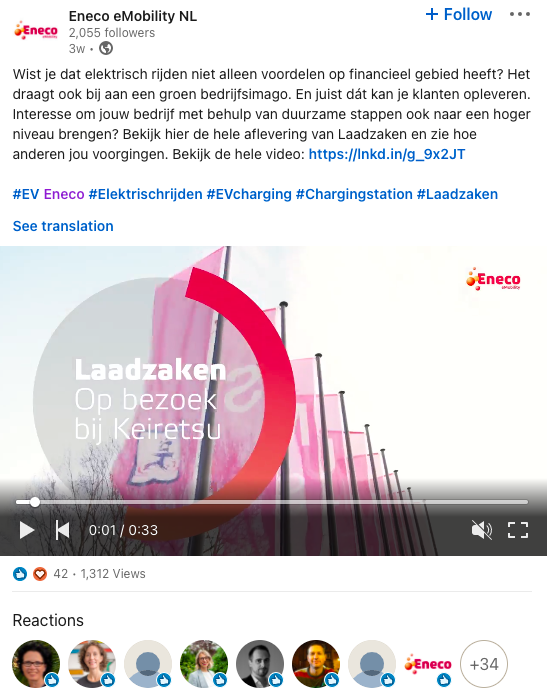 example of employer branding post for Eneco