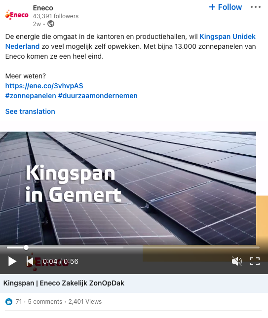 example of employer branding post for Eneco