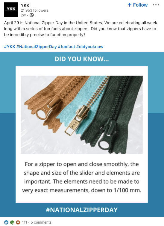 Example of a did you know employer branding social media post from YKK