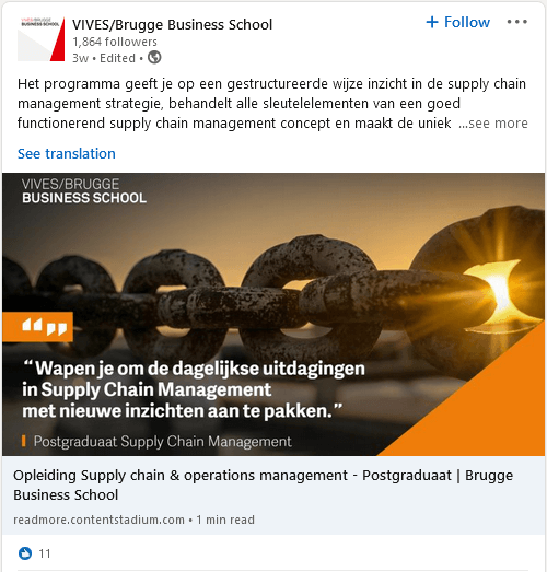 LinkedIn post from VIVES/Brugge Business School created using Content Stadium CREATE template