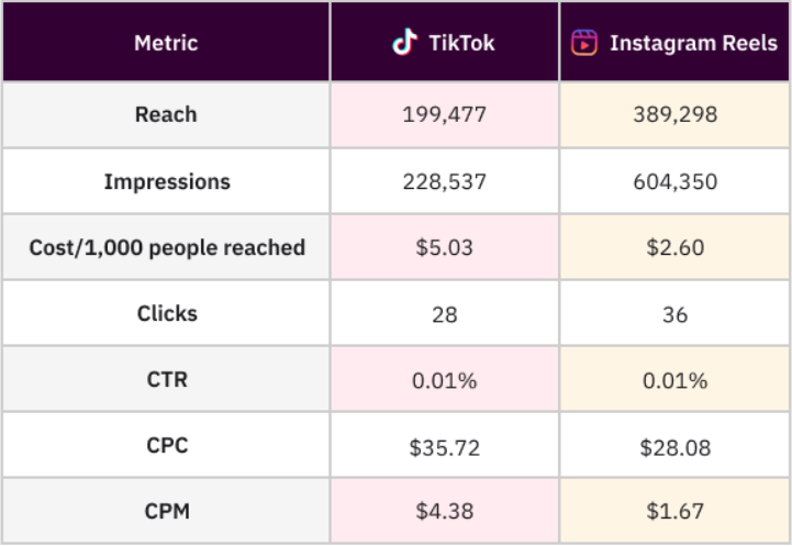 Results of the performance test between a TikTok ad and Instagram Reels ad, showing that the Reels ad perfomed better and at a lower cost
