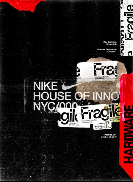 Newspaper cutout-style words and letters, arranged in the middle right of a black background Roy Cranston, illustrating the anti-design trend for 2022