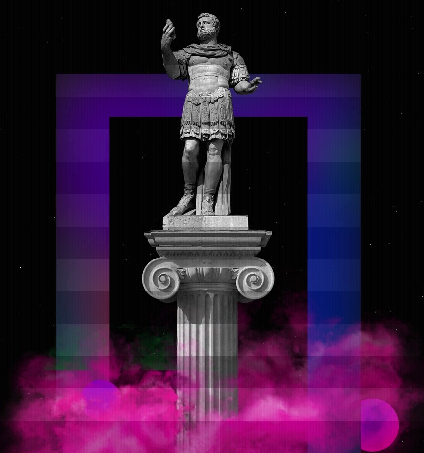 Cyber punk-style shapes surrounding a classical Roman-style statue by Zach Caceres, one of the design trends for 2022
