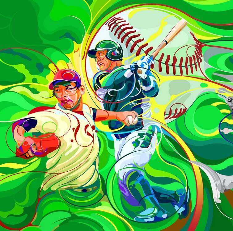 Drawing of two baseball players by Martin Sati, one of the design trends for 2022