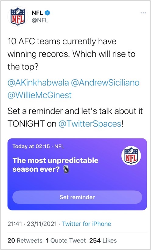 NFL Tweet promoting one of their Twitter Spaces
