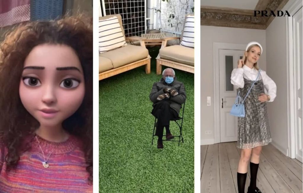 Three Snapchat AR Lenses trends of 2021 including a woman's face changed into a cartoon, a little Bernie sitting in the middle of a living room, and a woman virtually holding a handbag