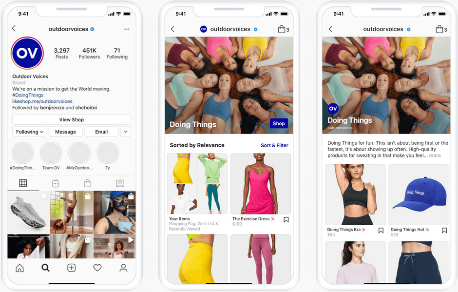 Phone screenshots showing social commerce features on Instagram