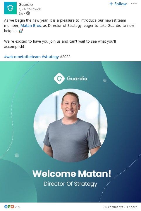 LinkedIn new employee post by Guardio, with an image that includes the photo, name and job title of the new joiner