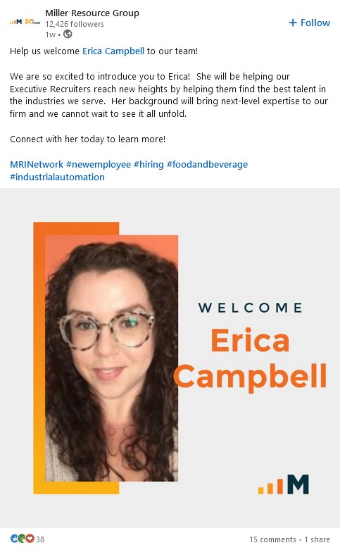 Welcome new employee LinkedIn post by Miller Resource Group which tags the new joiner in the caption