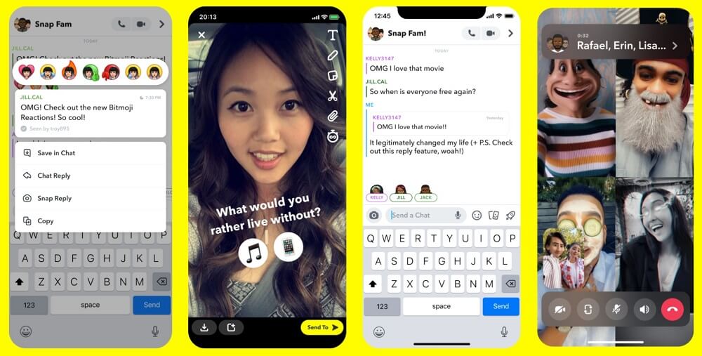 Four phone screenshots showing some of Snapchat's new features including lenses for calls and poll stickers