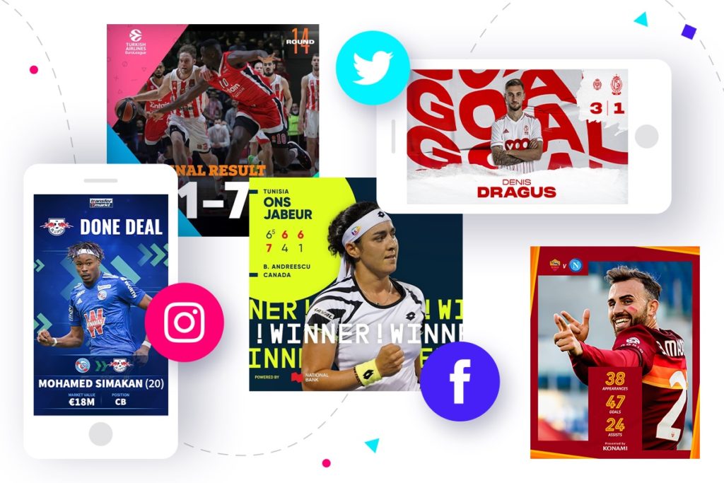 Examples of sports social media templates including football, tennis, soccer and basketball social media visuals