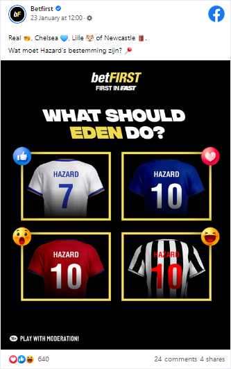 Facebook post from betFIRST asking what should Eden Hazard do alongside 4 different football team's shirts