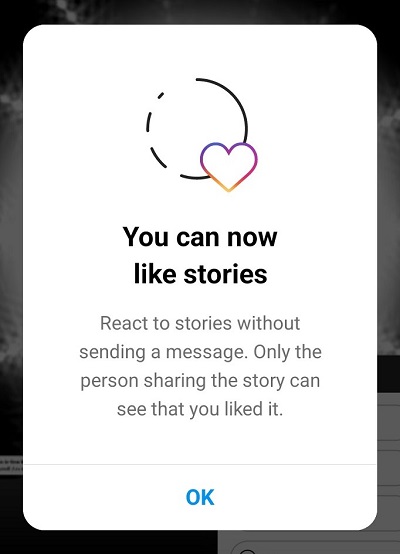 Pop up on Instagram Stories introducing the new Story like functionality