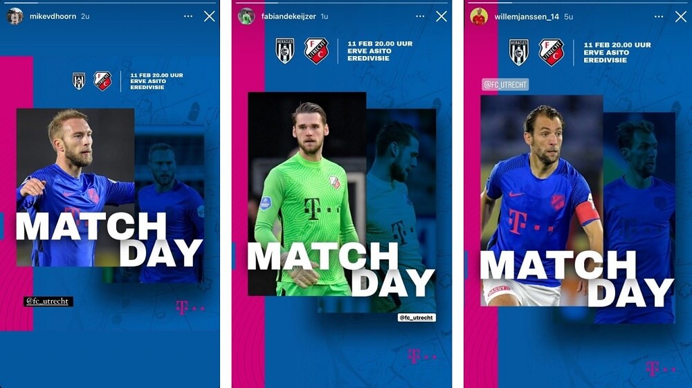 Personalized matchday social media content for 3 different FC Utrecht football players