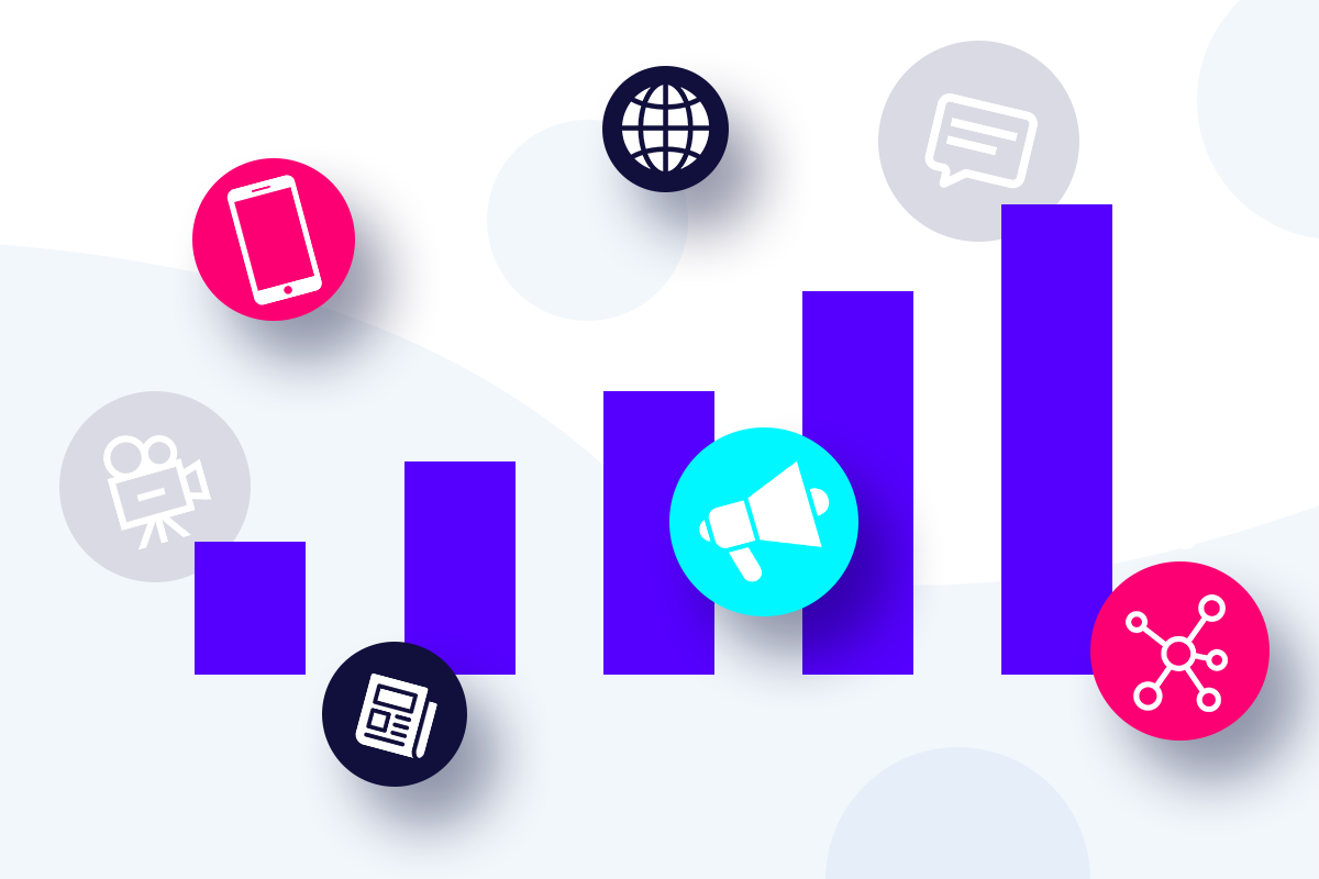 Bar chart and icons representing media and publishing industry social media statistics