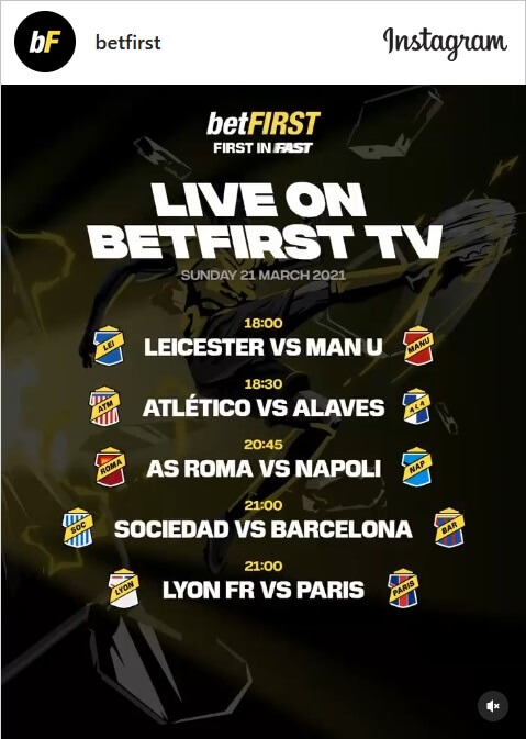 Instagram post by betFIRST listing the football matches that will be broadcasted on betFIRST TV