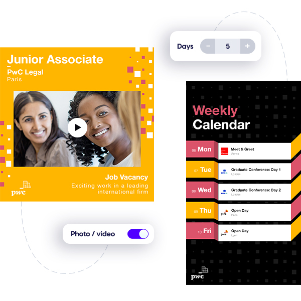 PWC's branded social media templates by Content Stadium, including a vacancy template and calendar template