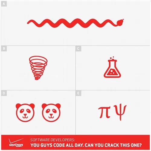 Instagram we're hiring post example from Verizon, with symbols that create a code for software developers to crack