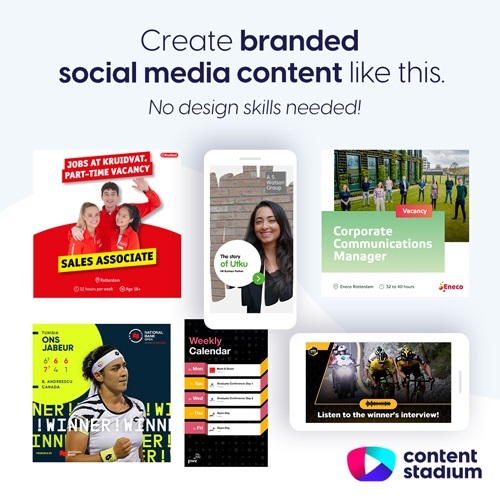 Examples of branded social media templates and graphics created using our Content Stadium tools.