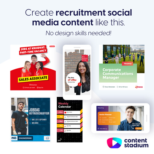 Examples of recruitment social media templates and graphics created using our Content Stadium tools.
