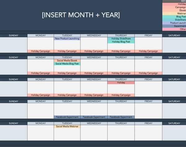 Example of a monthly social media content calendar showing a few scheduled posts, to help social media managers consistently post on social media