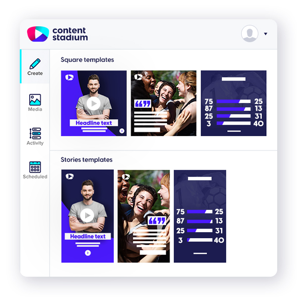 Example of a brand's account in the Content Stadium content creation tool, featuring three branded social media template designs in two sizes.