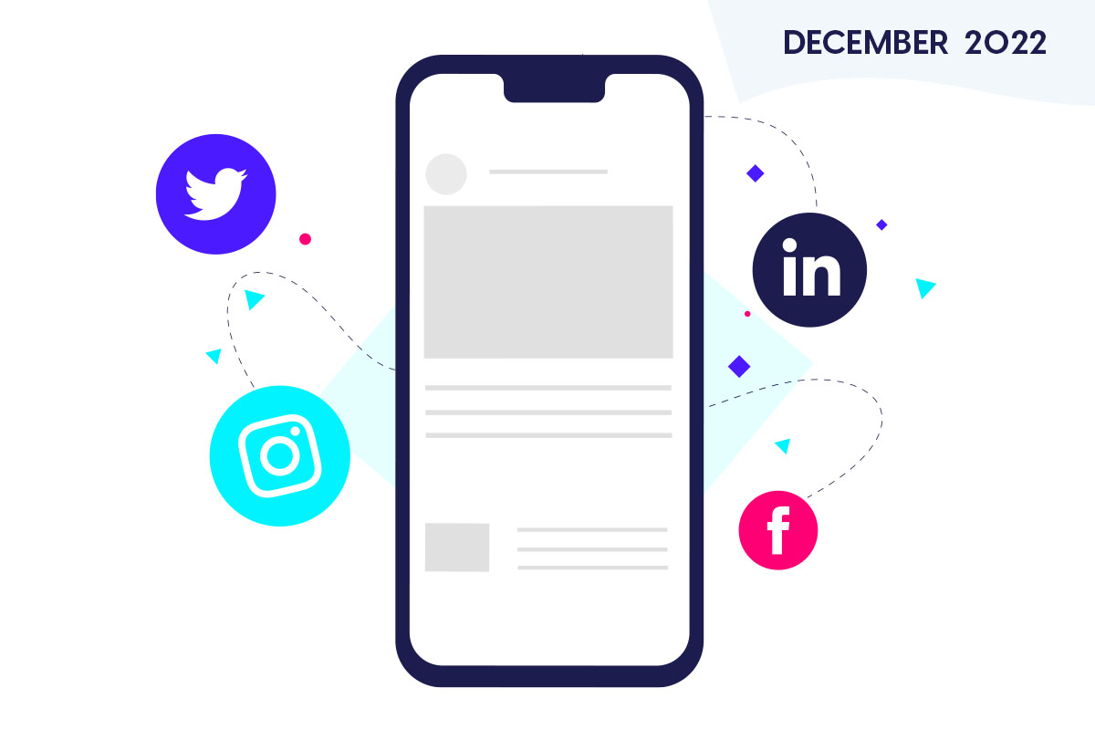 Phone and icons representing social media tips and trends for December 2022