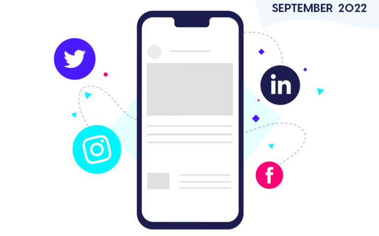 Phone and icons representing social media tips and trends for September 2022