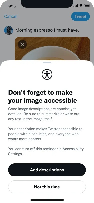 Screenshot of the new Twitter alt text pop-up reminder prompting users to add alt text to their images