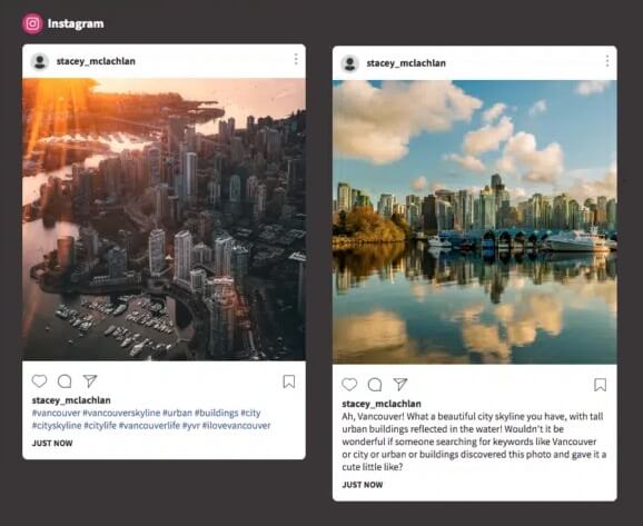 Two Instagram posts used in Hootsuite's test, one with only hasthags in the caption, and the other with a keyword-focused caption