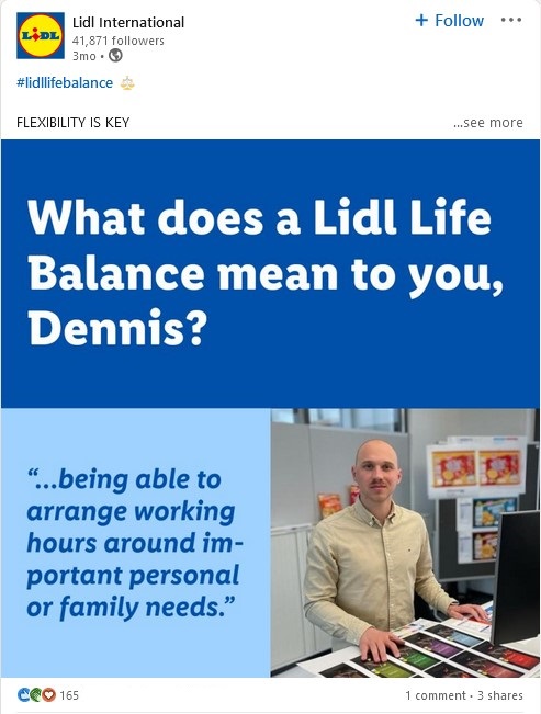 Lidl LinkedIn post which asks an employee "What does a Lidl Life Balance mean to you?" which is consistent with its social media brand messaging