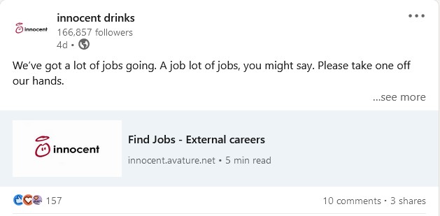 LinkedIn post by Innocent with the caption "We've got a lot of jobs going. A job lot of jobs, you might say." in their consistent brand tone of voice