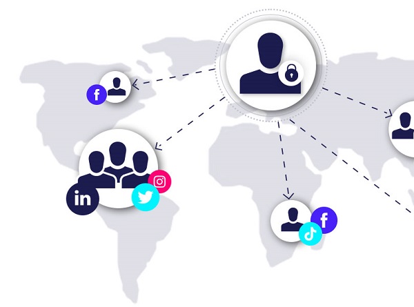 Icons representing a head office team with arrows pointing to local teams, to represent a head office team giving local teams social media content creation tools