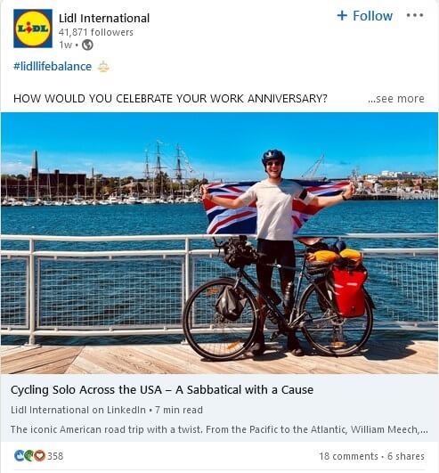 LinkedIn post from Lidl of an employee who finished cycling across the USA which is consistent with the Lidl Life Balance social media message