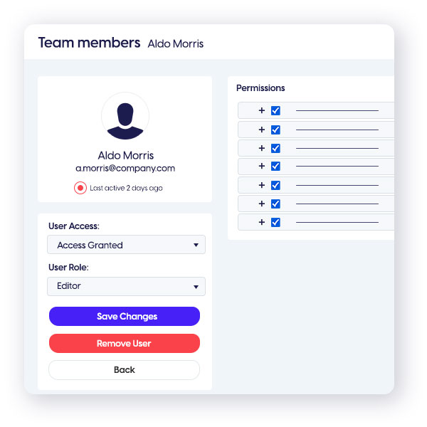 Team members management feature from the Content Stadium tool showing a user's details and their list of permissions