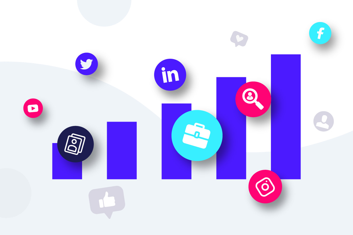 Bar chart with recruiting and social media icons, representing social recruiting statistics