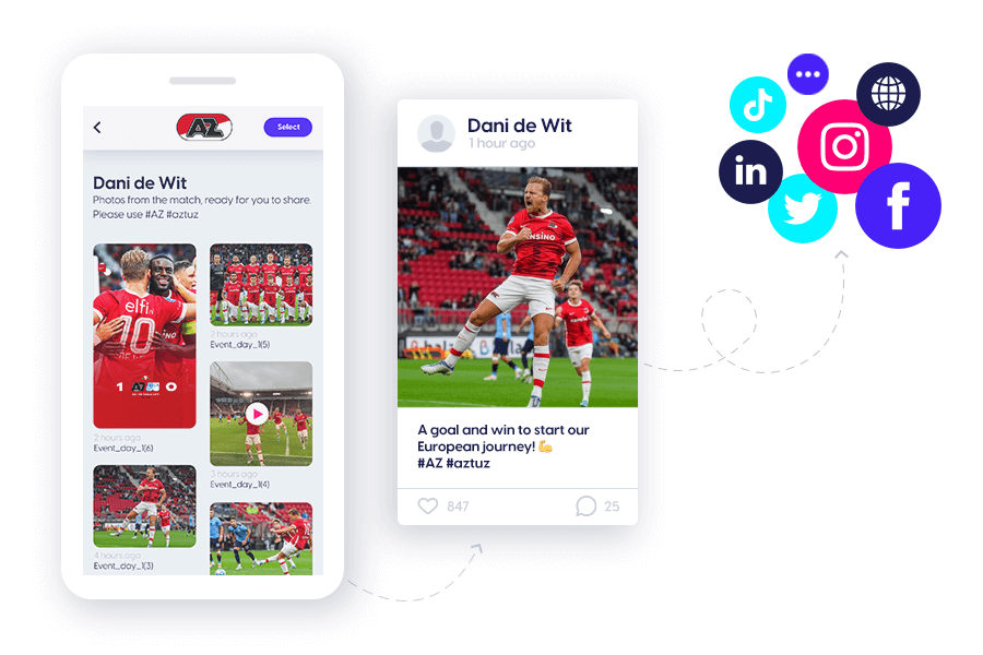 Dutch Eredivisie football club AZ using Content Stadium SHARE, represented by a gallery of AZ player images in a phone, plus a post on a player's social media account