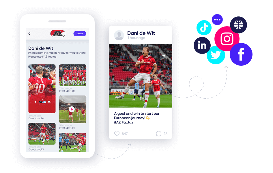 Dutch Eredivisie football club AZ using Content Stadium SHARE, represented by a gallery of AZ player images in a phone, plus a post on a player's social media account