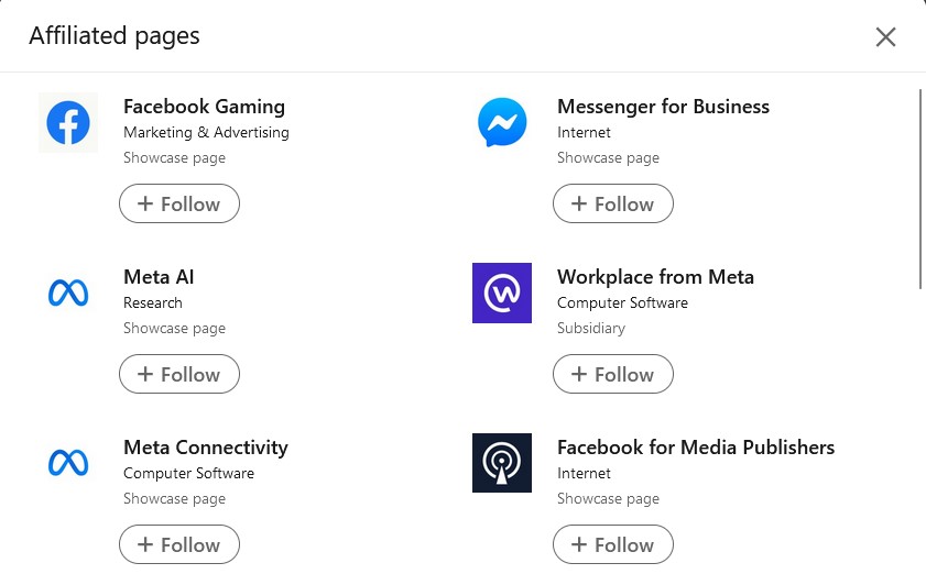 Screenshot of Meta's affiliated pages on LinkedIn, including Facebook Gaming, Meta AI and Messenger for Business Showcase Pages