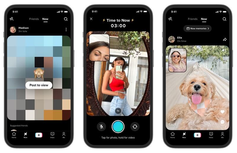 Three phone screens showing the different steps of the TikTok Now app