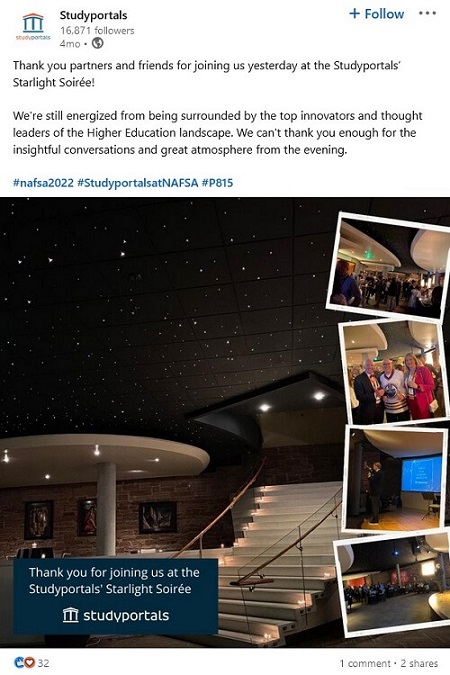 LinkedIn after-event post by Studyportals thanking their partners with images from the event