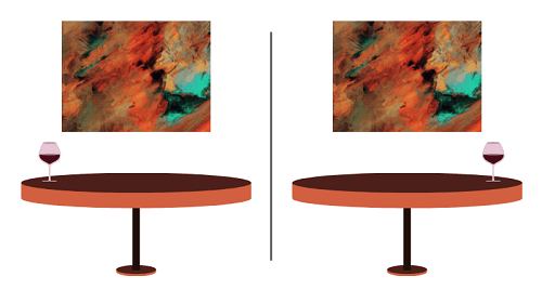 Two versions of an image with a table in front of a painting, one image has a glass of wine on the left of the table, in the oher, the glass of wine is on the right.