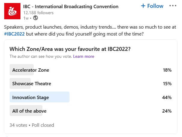 After-event post example from IBC asking attendees which zone was their favorite via a LinkedIn poll