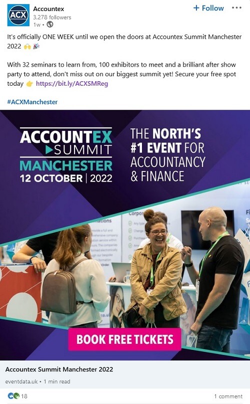 LinkedIn post by Accountex promoting their upcoming event with a link to tickets