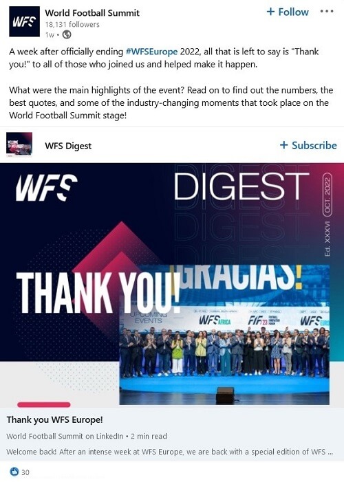World Football Summit after-event social media post with a link to a summary of the event