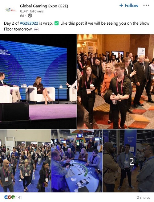 Day 2 recap social media post example by G2E with several photos from the event