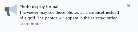 LinkedIn notification stating that "The viewer may see these photos as a carousel, instead of a grid."