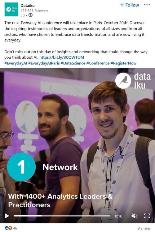 Example LinkedIn event post by Dataiku with a video that lists the top 3 reasons to join