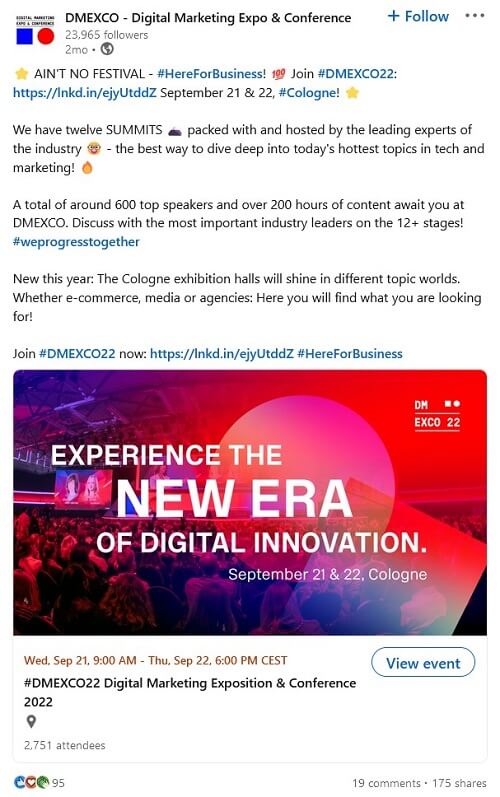 LinkedIn event promotion post by DMEXCO that links to a LinkedIn event