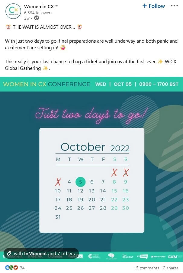 Event countdown post by Women in CX featuring a visual of a calendar marking the day of the event